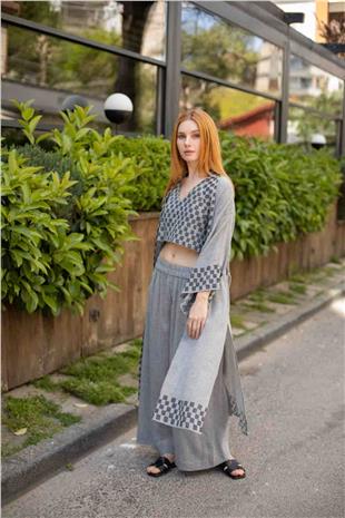 Dama Desenli Crop Bluz