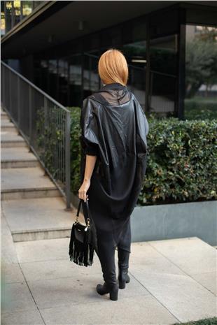 Deri Parçalı Kolu Lastikli Tül Eklemeli Uzun  Ceket