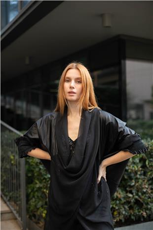 Deri Parçalı Kolu Lastikli Tül Eklemeli Uzun  Ceket