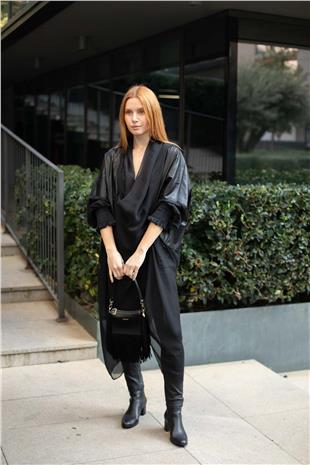 Deri Parçalı Kolu Lastikli Tül Eklemeli Uzun  Ceket