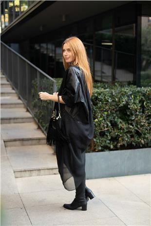 Deri Parçalı Kolu Lastikli Tül Eklemeli Uzun  Ceket