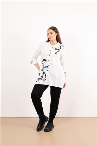 Desenli Uzun Kollu Düğme Detaylı Uzun Kollu Gömlek