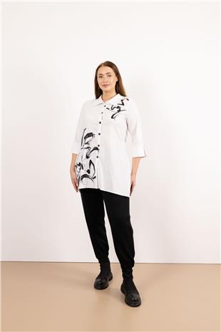 Desenli Uzun Kollu Düğme Detaylı Uzun Kollu Gömlek