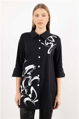 Desenli Uzun Kollu Düğme Detaylı Uzun Kollu Gömlek