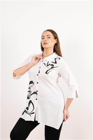 Desenli Uzun Kollu Düğme Detaylı Uzun Kollu Gömlek