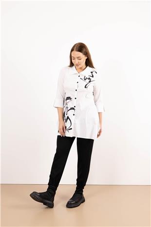 Desenli Uzun Kollu Düğme Detaylı Uzun Kollu Gömlek