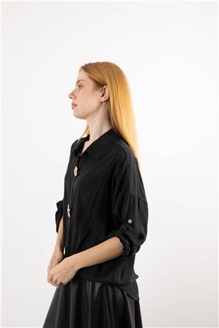 Düğme Detaylı Beli Bağlamalı Uzun Gömlek