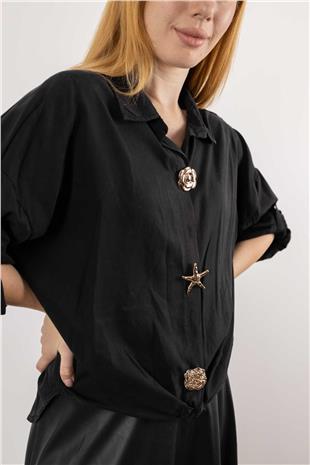 Düğme Detaylı Beli Bağlamalı Uzun Gömlek