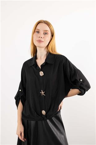 Düğme Detaylı Beli Bağlamalı Uzun Gömlek