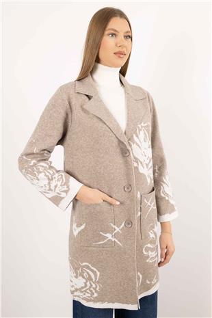 Düğme Detaylı Cepli Desenli Uzun Örme  Hırka