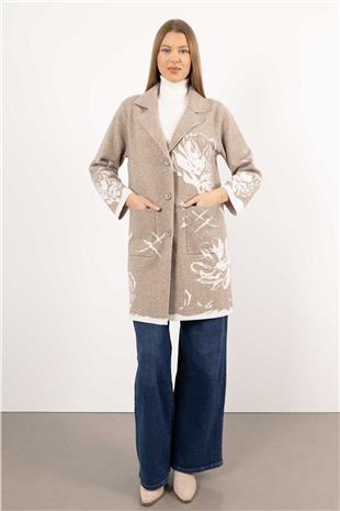 Düğme Detaylı Cepli Desenli Uzun Örme  Hırka