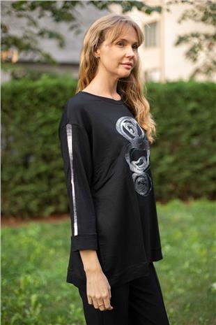 Ekose Nakış Ve Kol Garnili Tshirt