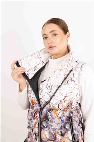 Fermuar Çapraz Detaylı Desenli Şişme Yelek