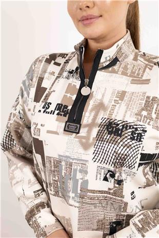 Fermuar Detaylı Beli Büzğülü Desenli Bluz