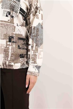 Fermuar Detaylı Beli Büzğülü Desenli Bluz