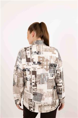 Fermuar Detaylı Beli Büzğülü Desenli Bluz