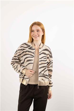 Fermuar Detaylı File Detaylı İki Renkli Ceket