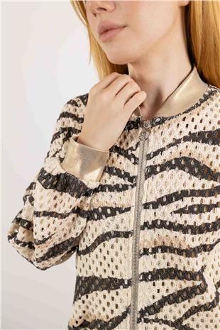 Fermuar Detaylı File Detaylı İki Renkli Ceket