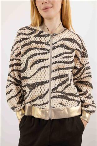 Fermuar Detaylı File Detaylı İki Renkli Ceket