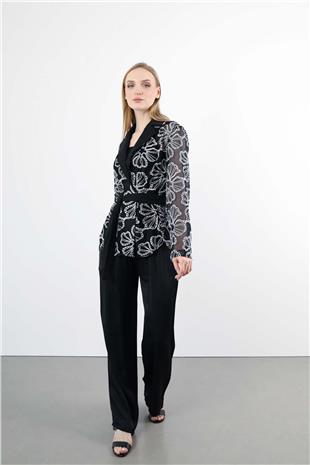 File Detaylı Bağlamalı Örgü Detaylı Ceket