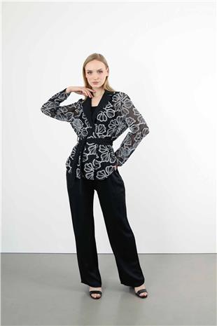 File Detaylı Bağlamalı Örgü Detaylı Ceket