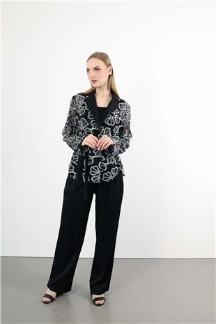 File Detaylı Bağlamalı Örgü Detaylı Ceket