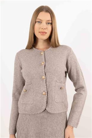 Gold Düğme Detaylı Cepli Uzun Kollu Changel Ceket