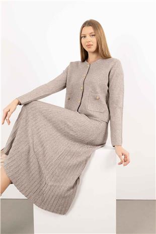 Gold Düğme Detaylı Cepli Uzun Kollu Changel Ceket