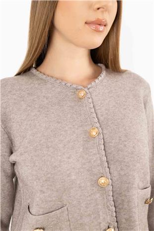 Gold Düğme Detaylı Cepli Uzun Kollu Changel Ceket