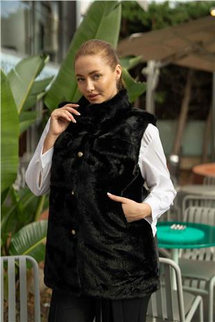 Gold Düğme Detaylı Uzun Kürk Yelek