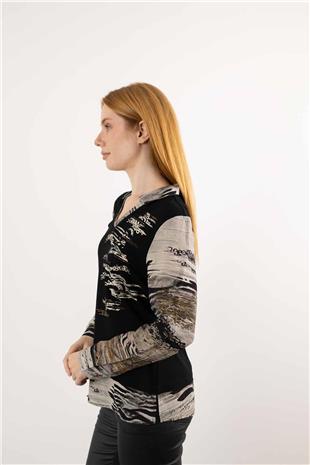 Gömlek Yaka Detaylı Taş Baskılı Desenli Bluz
