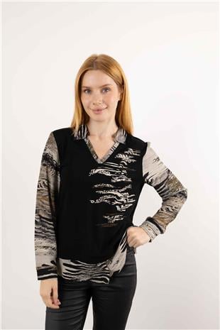 Gömlek Yaka Detaylı Taş Baskılı Desenli Bluz