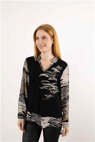 Gömlek Yaka Detaylı Taş Baskılı Desenli Bluz