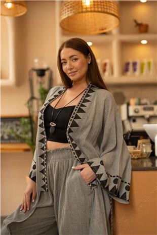 Gri Keten Baskı Detaylı Kadın Kimono