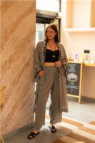 Gri Keten Baskı Detaylı Kadın Kimono
