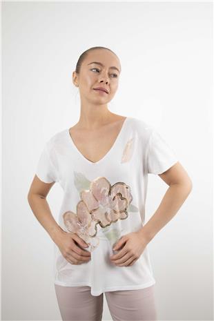 Gül Baskı Detaylı V Yaka Merserize Bluz