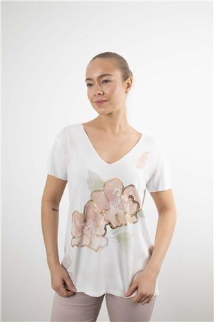 Gül Baskı Detaylı V Yaka Merserize Bluz