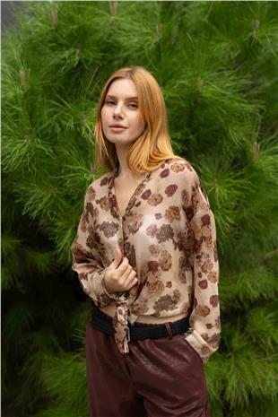 Gül Desen Detaylı Bel Bağlamalı Gömlek