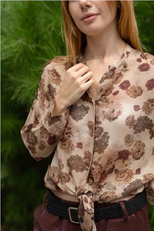 Gül Desen Detaylı Bel Bağlamalı Gömlek