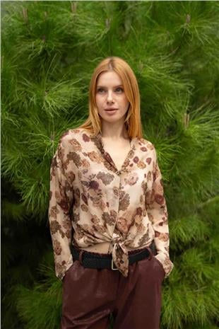 Gül Desen Detaylı Bel Bağlamalı Gömlek