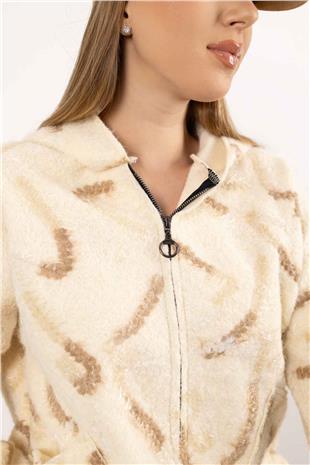 İki Renk Detaylı Kapüşonlu Buklet Mont