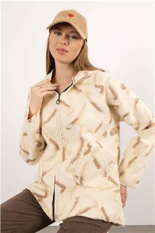 İki Renk Detaylı Kapüşonlu Buklet Mont