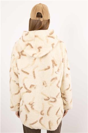 İki Renk Detaylı Kapüşonlu Buklet Mont