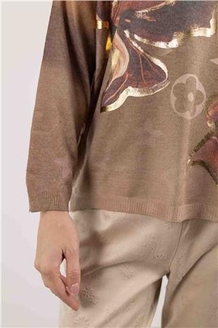 Kalp Ve Yıldız Basklılı Çiçek Desenli Kazak