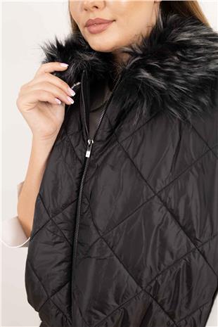 Kapitone Desen Çıt Çıt Pelüş Yaka Detay Yelek