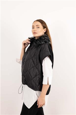 Kapitone Desen Çıt Çıt Pelüş Yaka Detay Yelek