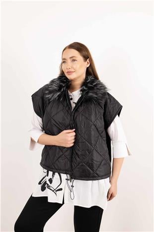 Kapitone Desen Çıt Çıt Pelüş Yaka Detay Yelek