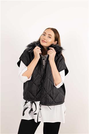 Kapitone Desen Çıt Çıt Pelüş Yaka Detay Yelek