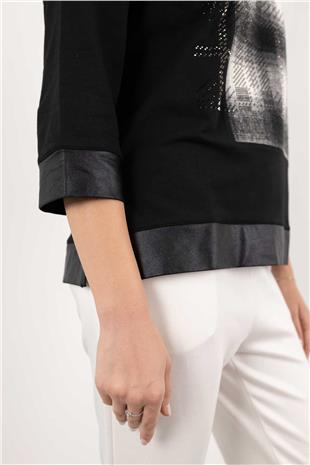 Kapüşon Detay Ekoseli Taş Baskılı Dikdörtgen Bluz