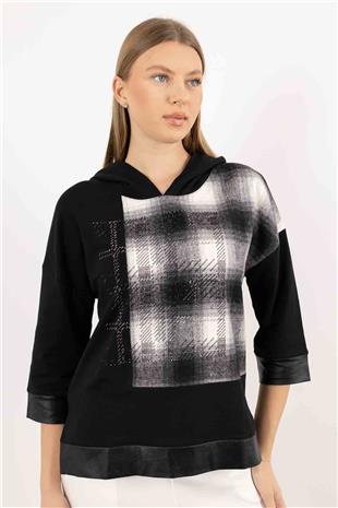 Kapüşon Detay Ekoseli Taş Baskılı Dikdörtgen Bluz